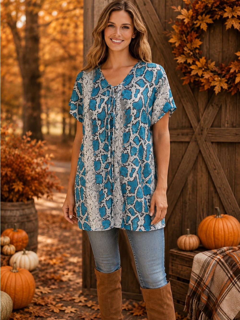Buddy Love Turquoise Snake-Print V-Neck Tunic Dress